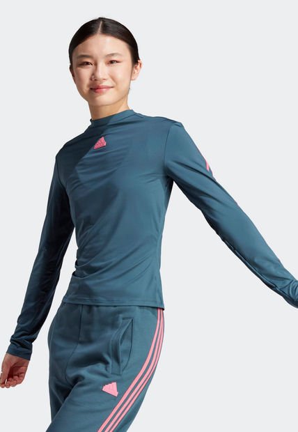 Camiseta Manga Larga Azul Petróleo-Rosa adidas Performance Future Icon 3 Rayas