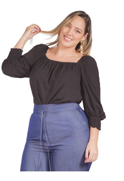 BLUSA ADRISSA PLUS CON ESCOTE CUADRADO RECOGIDO NEGRO