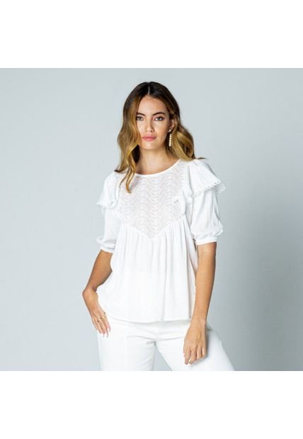 BLUSA ROMANTICA PARA MUJER CON MEZCLA DE TELAS