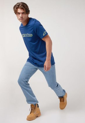Camiseta Azul-Verde Limón Alpinestars Linear Wordmark