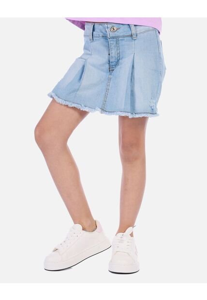 Falda Short Corta Tipo Denim Para Niña Con Bota Desflecada Y Pliegues