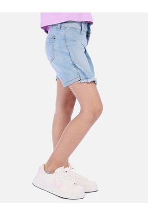Falda Short Corta Tipo Denim Para Niña Con Bota Desflecada Y Pliegues