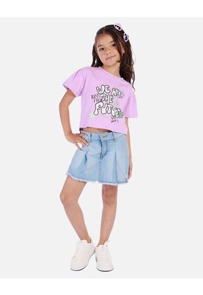 Falda Short Corta Tipo Denim Para Niña Con Bota Desflecada Y Pliegues