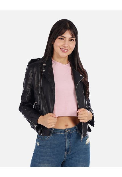 Chaqueta Biker Mujer Negra En Cuero Sintético