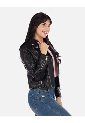 Chaqueta Biker Mujer Negra En Cuero Sintético