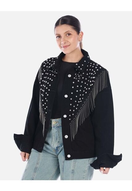 Chaqueta Diosa Denim Con Taches Y Flecos
