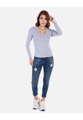 Camiseta Manga Larga Básica Para Mujer Cuello En V