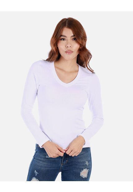 Camiseta Manga Larga Básica Para Mujer Cuello En V