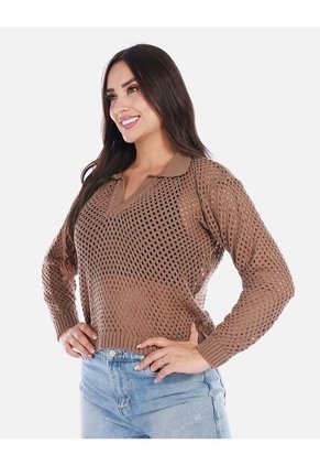 Buzo En Punto Calado Cuello V Mujer