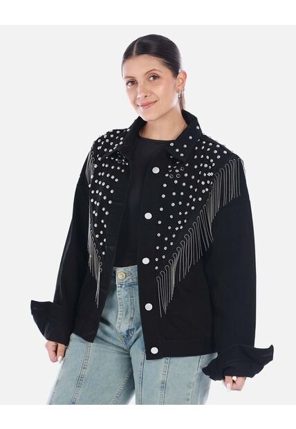 Chaqueta Diosa Denim Con Taches Y Flecos