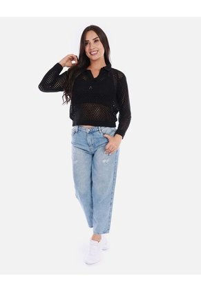 Buzo En Punto Calado Cuello V Mujer