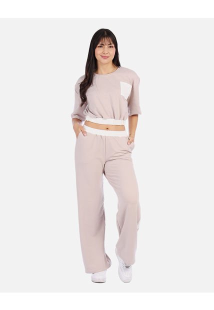 Conjunto Mujer Bicolor Con Top Crop Y Pantalón Recto