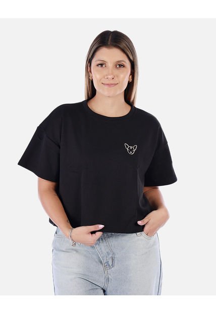 Camiseta Corta Negra Con Diseño Bordado