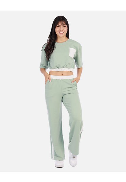 Conjunto Mujer Bicolor Con Top Crop Y Pantalón Recto