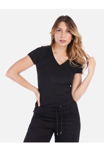 Camiseta Escote En V Ajustada De Mujer En Tejido Suave