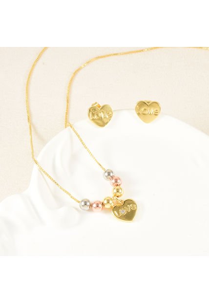 Set De Collar Y Aretes Dorados Con Corazón Love