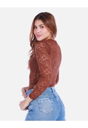 Body De Encaje Para Mujer Manga Larga Y Cuello Alto