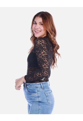 Body De Encaje Para Mujer Manga Larga Y Cuello Alto