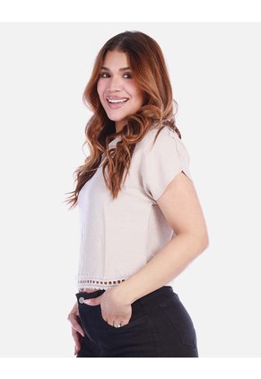 Blusa Manga Corta Para Mujer Con Cuello Camisero Y Detalle De Encaje