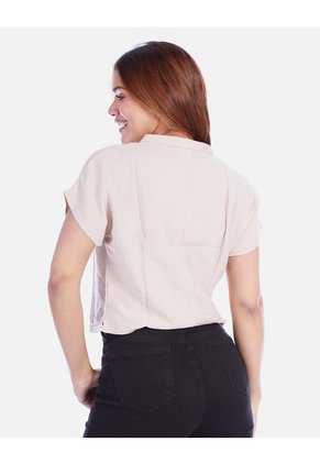 Blusa Manga Corta Para Mujer Con Cuello Camisero Y Detalle De Encaje