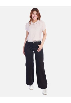 Blusa Manga Corta Para Mujer Con Cuello Camisero Y Detalle De Encaje