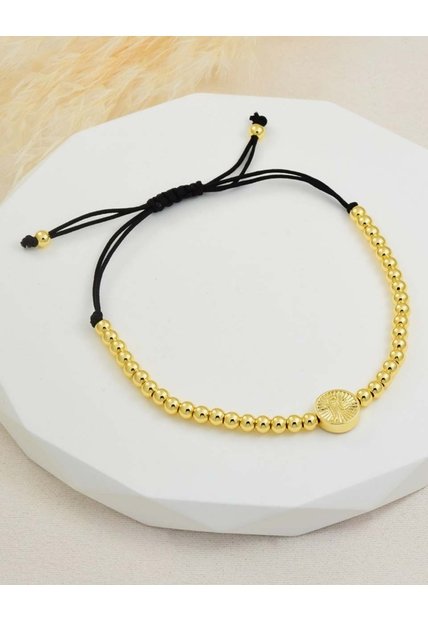 Pulsera Con Medalla Y Esferas Doradas