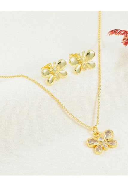 Set De Cadena Y Aretes De Mariposa Con Piedras Brillantes
