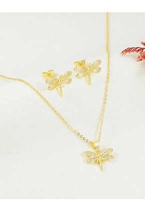 Set De Cadena Y Aretes De Libélula Con Piedras Brillante