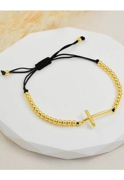 Pulsera Con Cruz Y Esferas Doradas