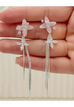 Aretes Largos Flores Nácar Rosado