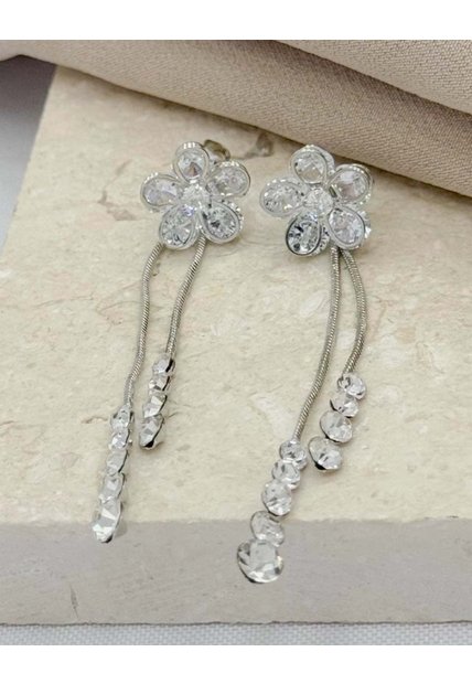 Aretes Largos Flor Con Cadenas Colgantes
