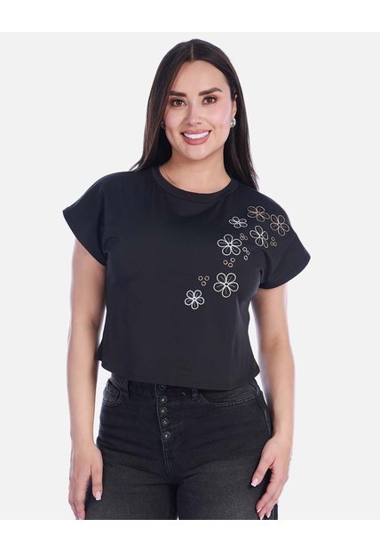 Crop Top Casual En Algodón Con Detalle Floral Bordado