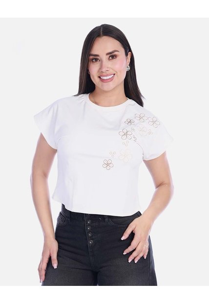 Crop Top Casual En Algodón Con Detalle Floral Bordado