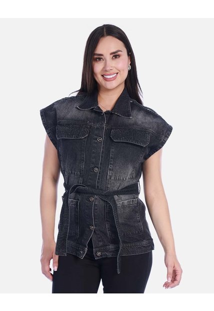 Chaleco Denim Tipo Jaqueta Manga Rodada Con Cinturón Y Apliques
