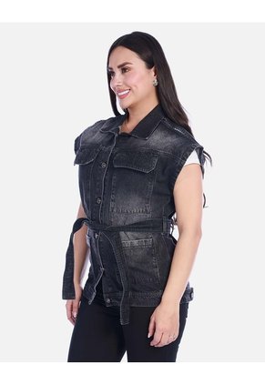 Chaleco Denim Tipo Jaqueta Manga Rodada Con Cinturón Y Apliques