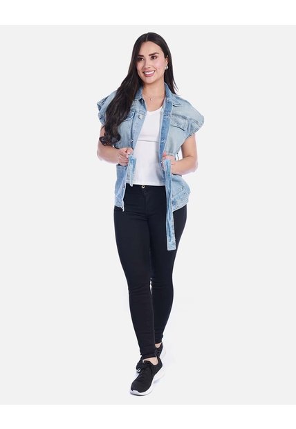 Chaleco Denim Tipo Jaqueta Manga Rodada Con Cinturón Y Apliques