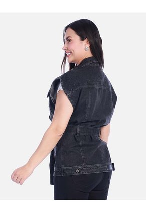 Chaleco Denim Tipo Jaqueta Manga Rodada Con Cinturón Y Apliques