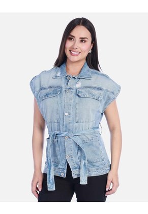 Chaleco Denim Tipo Jaqueta Manga Rodada Con Cinturón Y Apliques