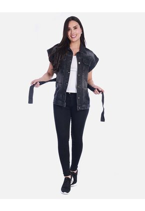 Chaleco Denim Tipo Jaqueta Manga Rodada Con Cinturón Y Apliques