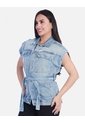 Chaleco Denim Tipo Jaqueta Manga Rodada Con Cinturón Y Apliques de Arequipe moda dulce