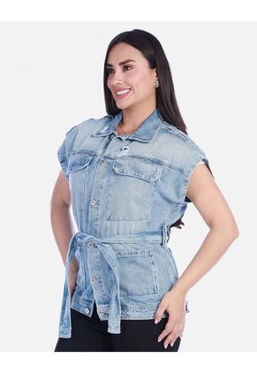 Chaleco Denim Tipo Jaqueta Manga Rodada Con Cinturón Y Apliques