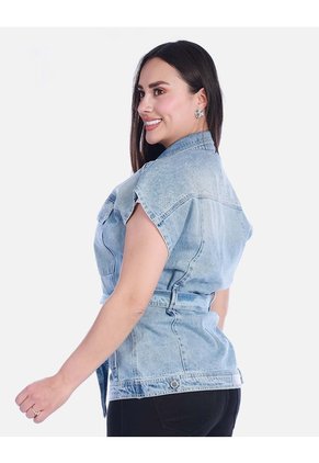 Chaleco Denim Tipo Jaqueta Manga Rodada Con Cinturón Y Apliques