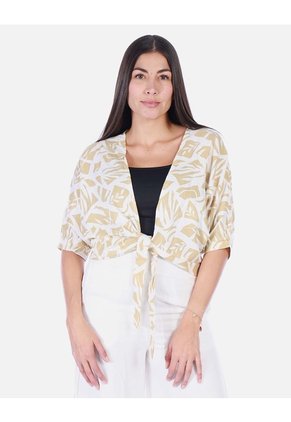 Blusa Kimono Estampada Beige Con Amarre Mujer