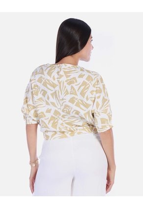 Blusa Kimono Estampada Beige Con Amarre Mujer