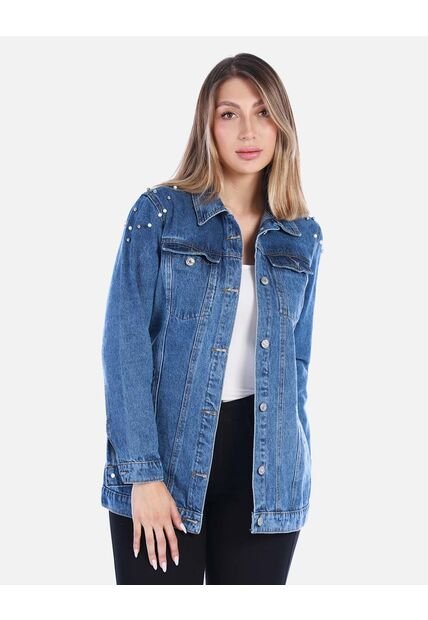 Chaqueta De Jean Larga Con Tachas Mujer