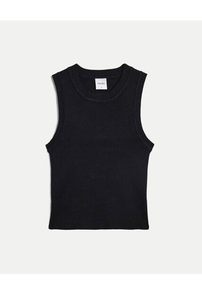 Camiseta Tejida Manga Sisa Acanalada Para Mujer Negro Atmos