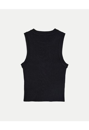 Camiseta Tejida Manga Sisa Acanalada Para Mujer Negro Atmos