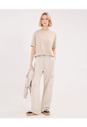 Camiseta Básica Manga Corta Amplia  Para Mujer Beige Atmos