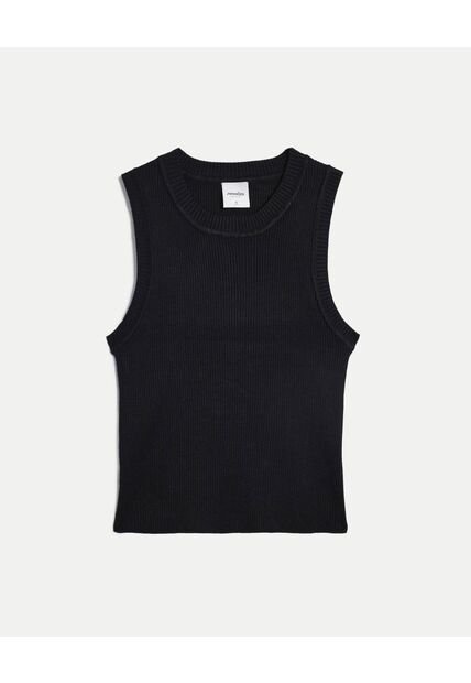 Camiseta Tejida Manga Sisa Acanalada  Para Mujer Negro Atmos