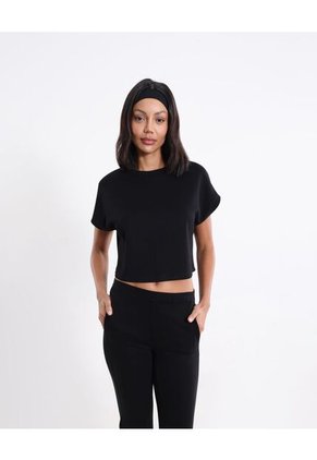 Camiseta Manga Sisa Crop Plush  Para Mujer Negro Atmos